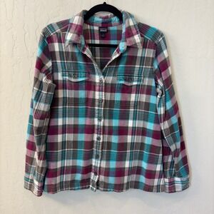 Patagonia Womens Organic Cotton Plaid Flannel Shirt Teal Burgundy Size 8